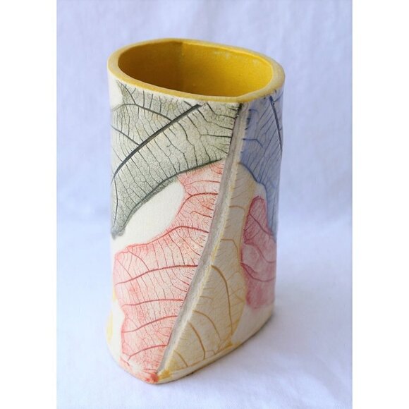 Handmade Ceramic Multicolor Pencil Holder Organic Shape leaf texture Vase unique - Picture 8 of 10